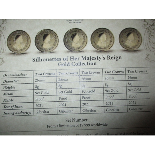 145 - A London mint office 5 gold coin set “ Silhouettes of her majesty’s reign” each 8g of 9ct gold, in o... 