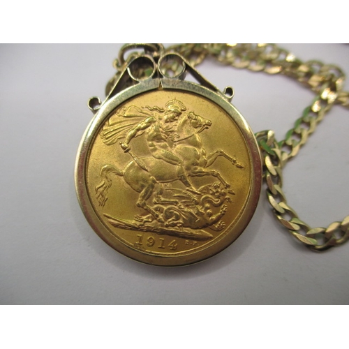 94 - A George V gold sovereign dated 1914 in loose fit coin mount and 9ct gold necklace chain, approx. gr... 