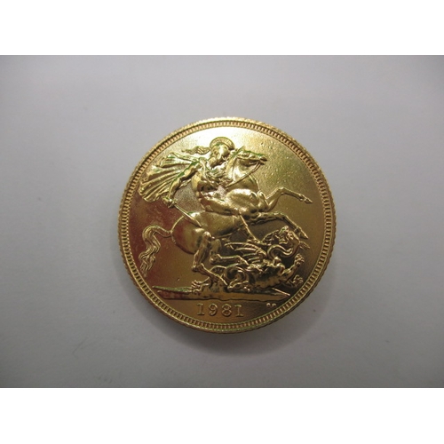 130 - An Elizabeth II  full gold sovereign dated 1981, an uncirculated coin with very fine definition of f... 