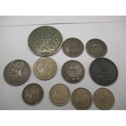 155 - A parcel of Georgian and Victorian silver and other coins, to include an 1844 crown with star stops,... 