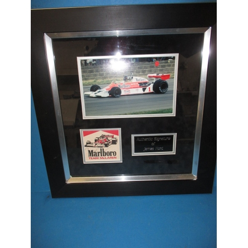 332 - A Framed James hunt motor racing montage with hand signed autograph, approx. frame size 43x41cm in g... 