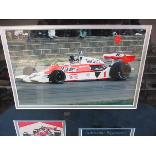 332 - A Framed James hunt motor racing montage with hand signed autograph, approx. frame size 43x41cm in g... 