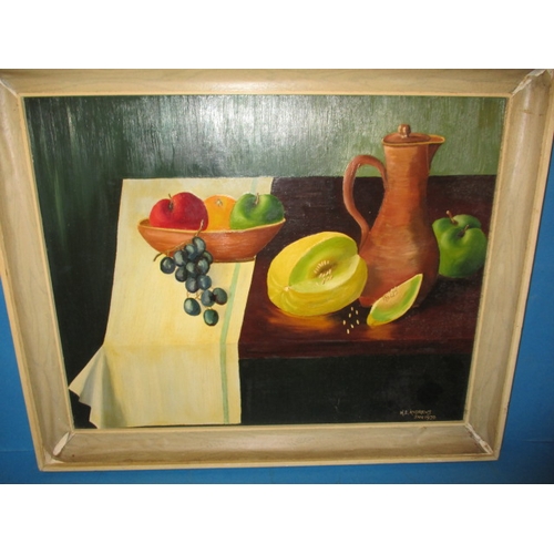 325 - Still life oil on board, K E Andrews dated 1970, with London gallery leaflet verso, approx. frame si... 