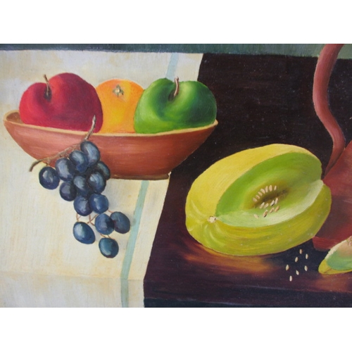 325 - Still life oil on board, K E Andrews dated 1970, with London gallery leaflet verso, approx. frame si... 