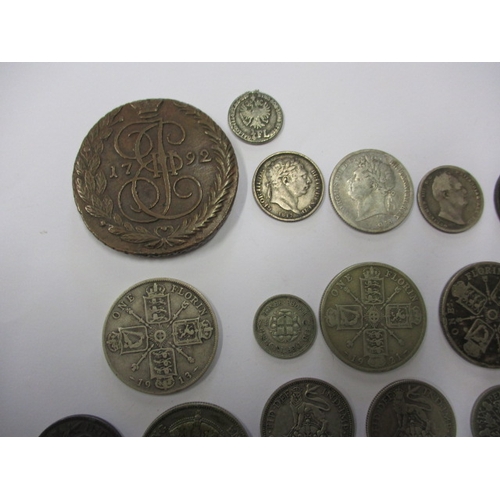 156 - A parcel of Georgian and later coins, to include silver and part-silver examples and a Russian coppe... 