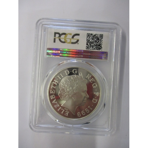 158 - A 1999 silver commemorative five pound coin, in PCGS plastic capsule