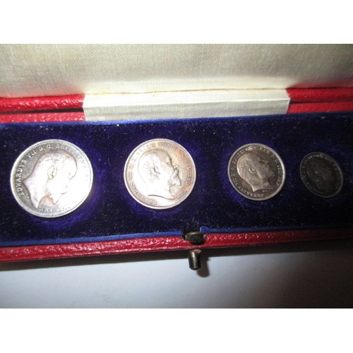 160 - An Edward VII 1907 cased set of 4 maundy silver coins, in red case, all uncirculated condition