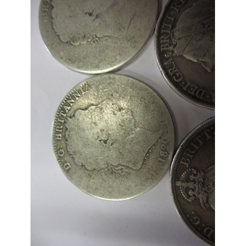 159 - Two George III silver crowns and three Victorian silver crowns, crowns, the George examples well wor... 