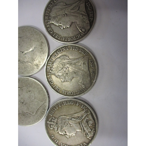 159 - Two George III silver crowns and three Victorian silver crowns, crowns, the George examples well wor... 