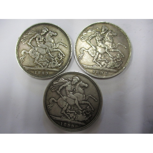 159 - Two George III silver crowns and three Victorian silver crowns, crowns, the George examples well wor... 