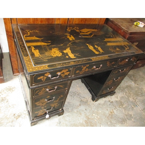 314 - A contemporary black lacquer Oriental style 9 drawer pedestal desk. In useable preowned condition, c... 