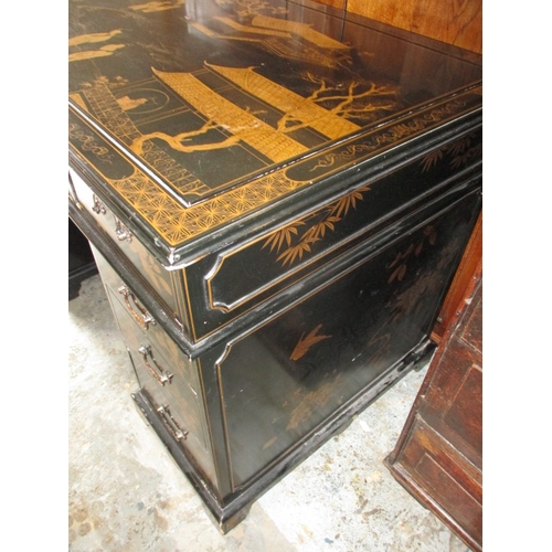 314 - A contemporary black lacquer Oriental style 9 drawer pedestal desk. In useable preowned condition, c... 