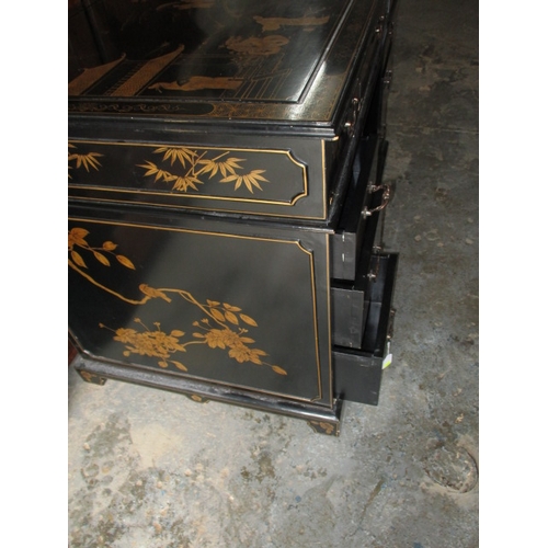 314 - A contemporary black lacquer Oriental style 9 drawer pedestal desk. In useable preowned condition, c... 