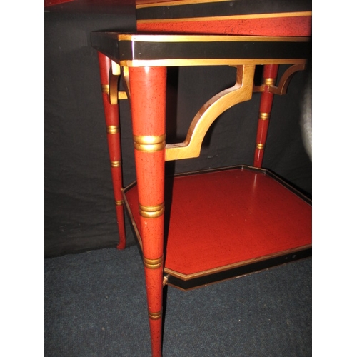 313 - A vintage oriental red lacquer ware two tier tray table, approx. dimensions H: 60cm W: 47cm D: 43cm ... 