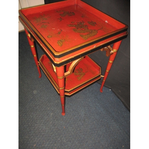 313 - A vintage oriental red lacquer ware two tier tray table, approx. dimensions H: 60cm W: 47cm D: 43cm ... 