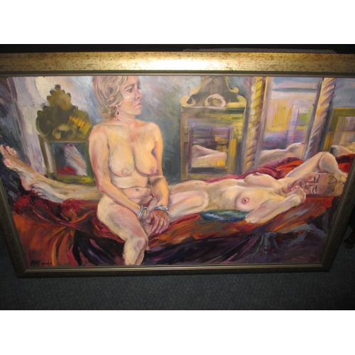 329 - A large painting on canvas of reclining nudes, signed and dated lower left, approx. size 133x88cm in... 