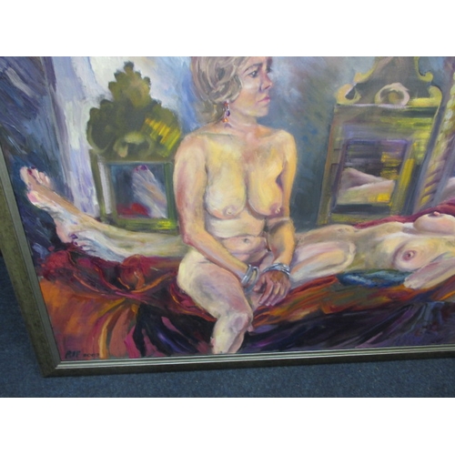 329 - A large painting on canvas of reclining nudes, signed and dated lower left, approx. size 133x88cm in... 