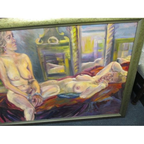 329 - A large painting on canvas of reclining nudes, signed and dated lower left, approx. size 133x88cm in... 