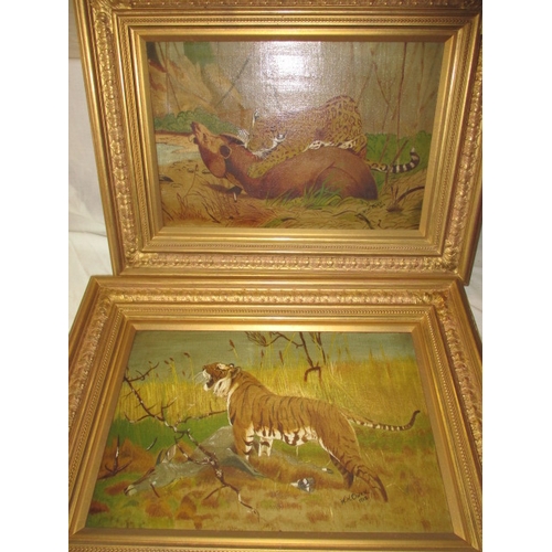 330 - 2 oil on canvas of hunting wild cats, both signed and dated W H Owen 1912. One showing signs of repa... 