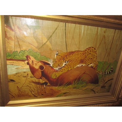 330 - 2 oil on canvas of hunting wild cats, both signed and dated W H Owen 1912. One showing signs of repa... 