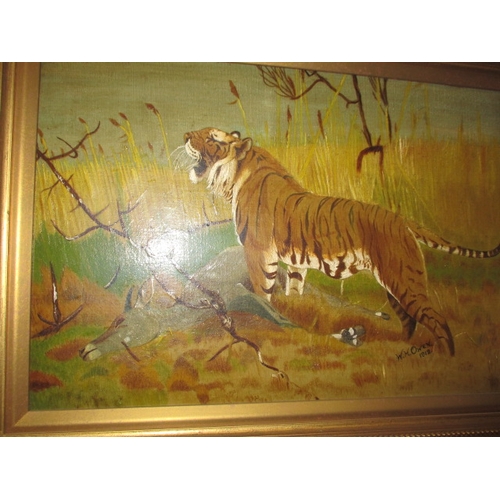 330 - 2 oil on canvas of hunting wild cats, both signed and dated W H Owen 1912. One showing signs of repa... 