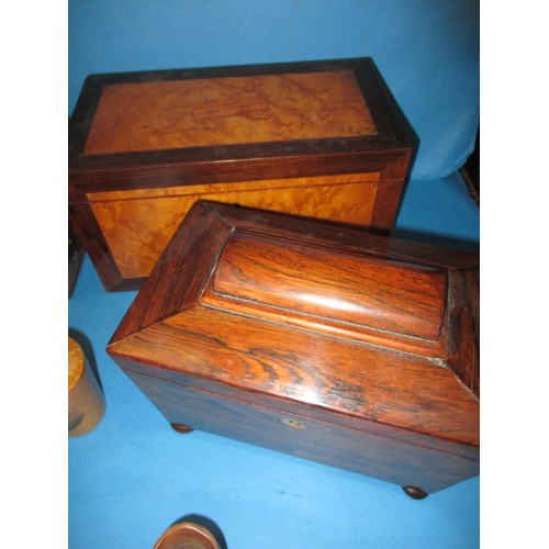 298 - A quantity of treen items, to include antique tea caddies, a stationary box and Mauchline ware boxes... 