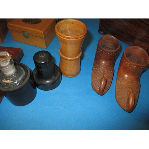 298 - A quantity of treen items, to include antique tea caddies, a stationary box and Mauchline ware boxes... 