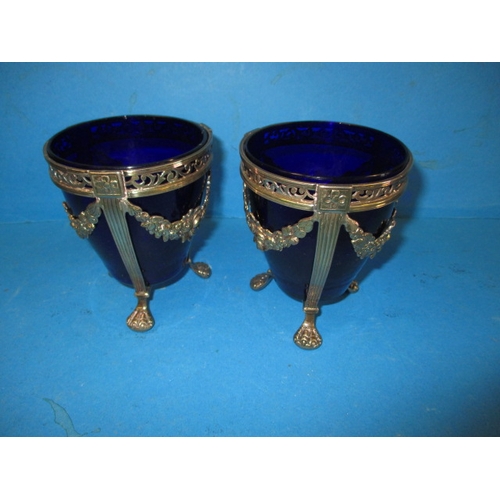 169 - A pair of Regency silver mounted blue glass bonbon dishes, hallmark date 1809, in good condition wit... 