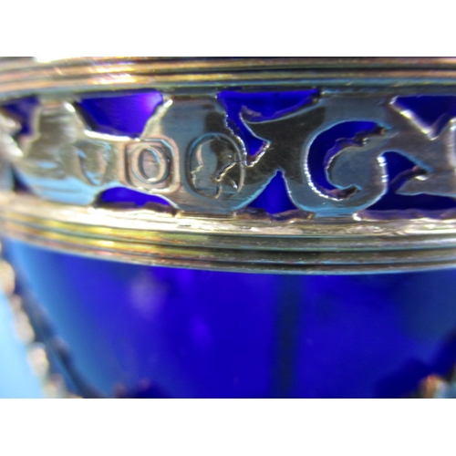 169 - A pair of Regency silver mounted blue glass bonbon dishes, hallmark date 1809, in good condition wit... 