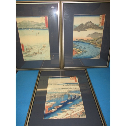 323 - Three mid-19th century Japanese hand coloured wood block pictures by Hiroshige (1797-1858) in later ... 