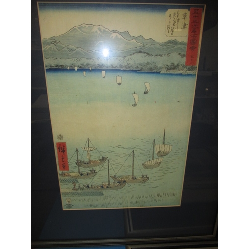 323 - Three mid-19th century Japanese hand coloured wood block pictures by Hiroshige (1797-1858) in later ... 