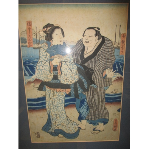 324 - 3 Antique Japanese hand coloured wood block pictures in later frames, approx. frame size of largest ... 