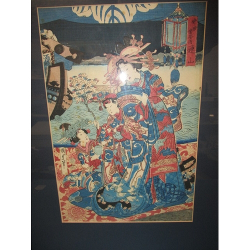 324 - 3 Antique Japanese hand coloured wood block pictures in later frames, approx. frame size of largest ... 