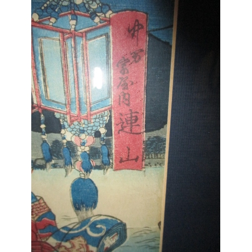 324 - 3 Antique Japanese hand coloured wood block pictures in later frames, approx. frame size of largest ... 