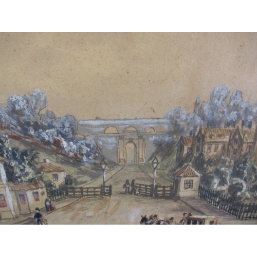 308 - Antique watercolour, label verso reads Highgate coachway from turnpike gate Holloway 1809, approx. i... 