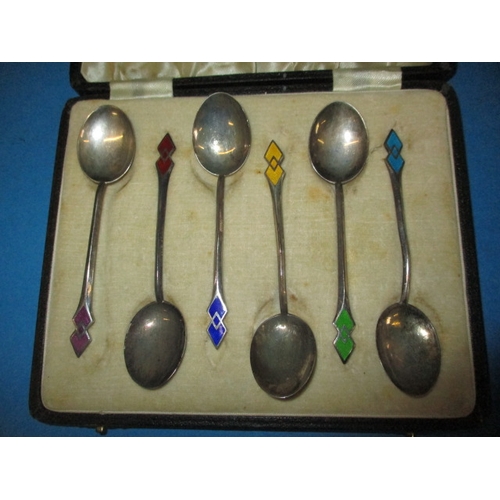 200 - 4 Boxed sets of sterling silver spoons, to include and set of six enamel coffee spoons, all in used ... 