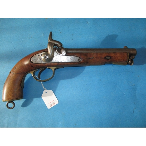 262 - An E.I.G. cavalry percussion pistol marked Birmingham 1867, repaired stock, functioning hammer and g... 