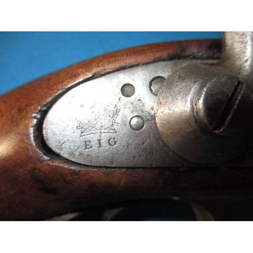 262 - An E.I.G. cavalry percussion pistol marked Birmingham 1867, repaired stock, functioning hammer and g... 