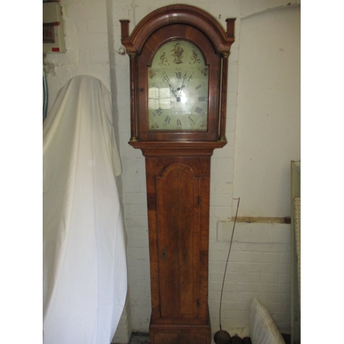 302 - An antique long case clock, having a walnut veneer carcase and painted dial marked Webber of Lavenha... 