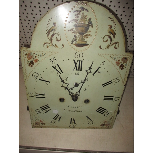 302 - An antique long case clock, having a walnut veneer carcase and painted dial marked Webber of Lavenha... 