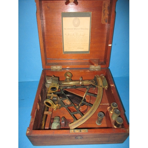 301 - An antique boxed brass sextant no. 8323 Kelvin Bottomley & Baird Ltd, Glasgow, with national physics... 