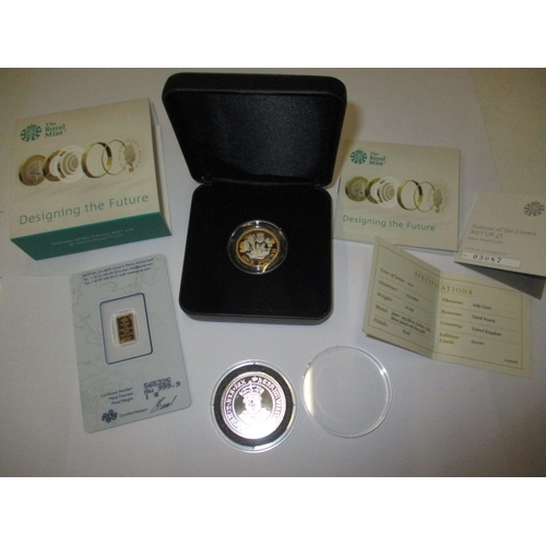 163 - A 1g fine gold bullion bar and a silver proof £1 coin and  one other collectors coin, all in good pr... 