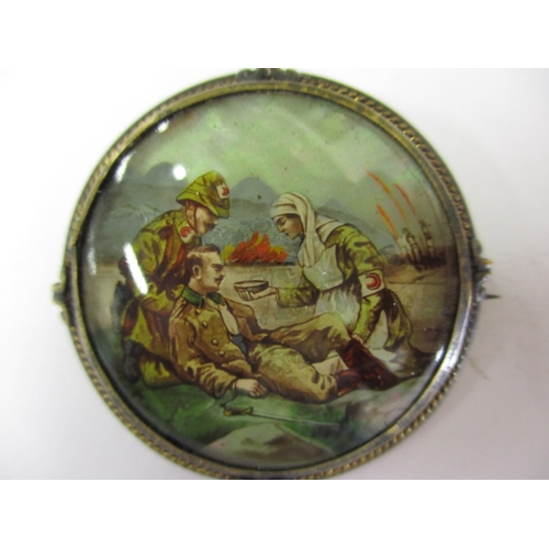 229 - A 19th century hand-painted on mother of pearl brooch depicting a Crimea war scene, in good used con... 