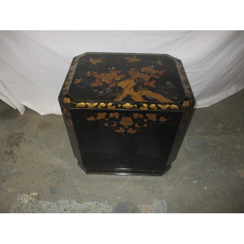 319 - A contemporary oriental, black lacquer, hand painted storage box. With lined interior and brass side... 