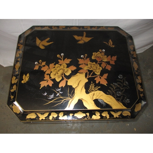 319 - A contemporary oriental, black lacquer, hand painted storage box. With lined interior and brass side... 