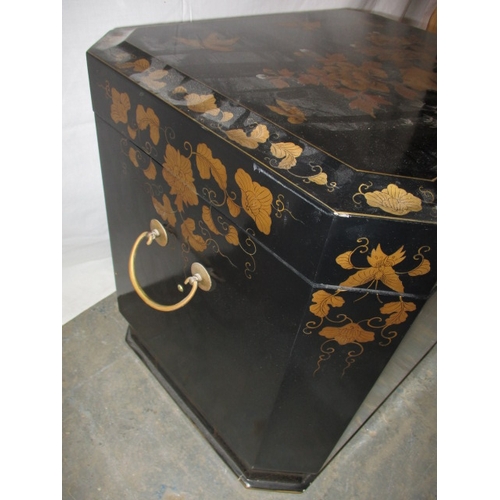 319 - A contemporary oriental, black lacquer, hand painted storage box. With lined interior and brass side... 