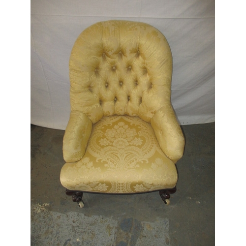 321 - A Victorian upholstered parlour low comfort chair, with original brass and ceramic casters. General ... 