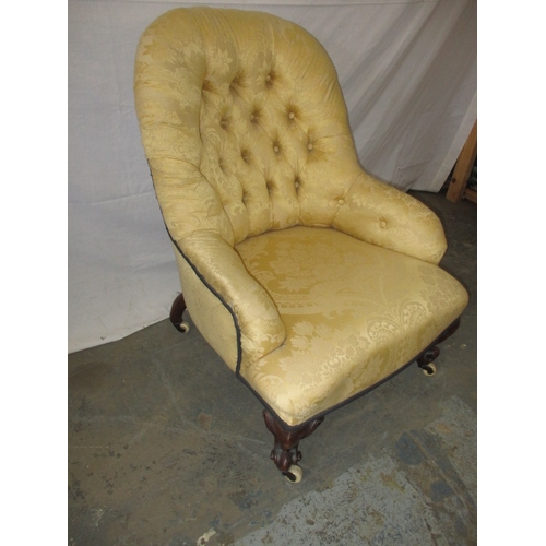 321 - A Victorian upholstered parlour low comfort chair, with original brass and ceramic casters. General ... 