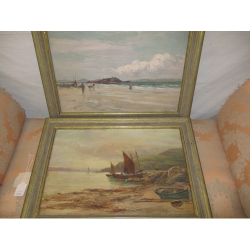 313 - 2 early 20th Century costal scene oil paintings, one on canvas, one on board. Both signed and dated ... 