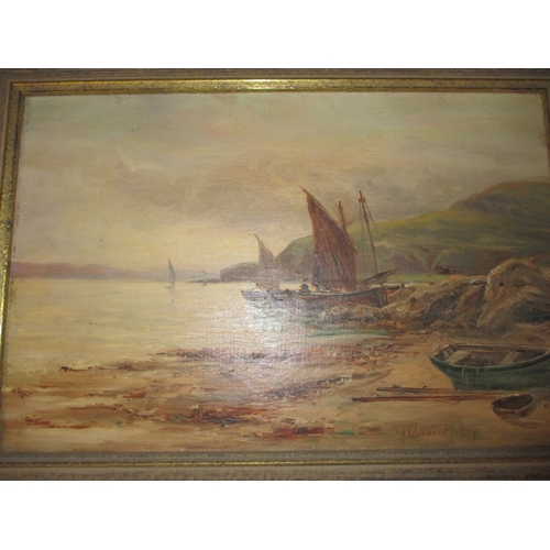 313 - 2 early 20th Century costal scene oil paintings, one on canvas, one on board. Both signed and dated ... 